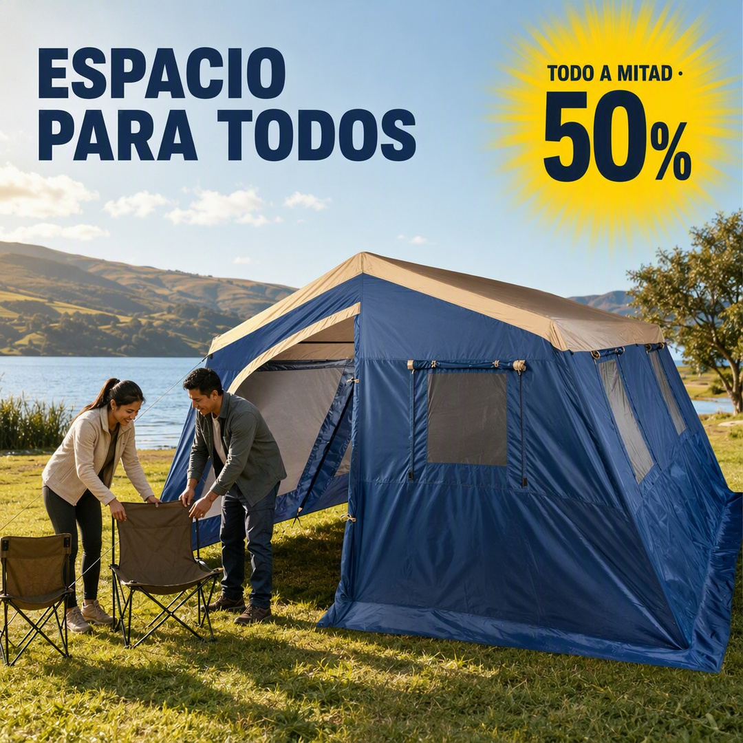 Carpa azul amplia en un campamento junto al lago