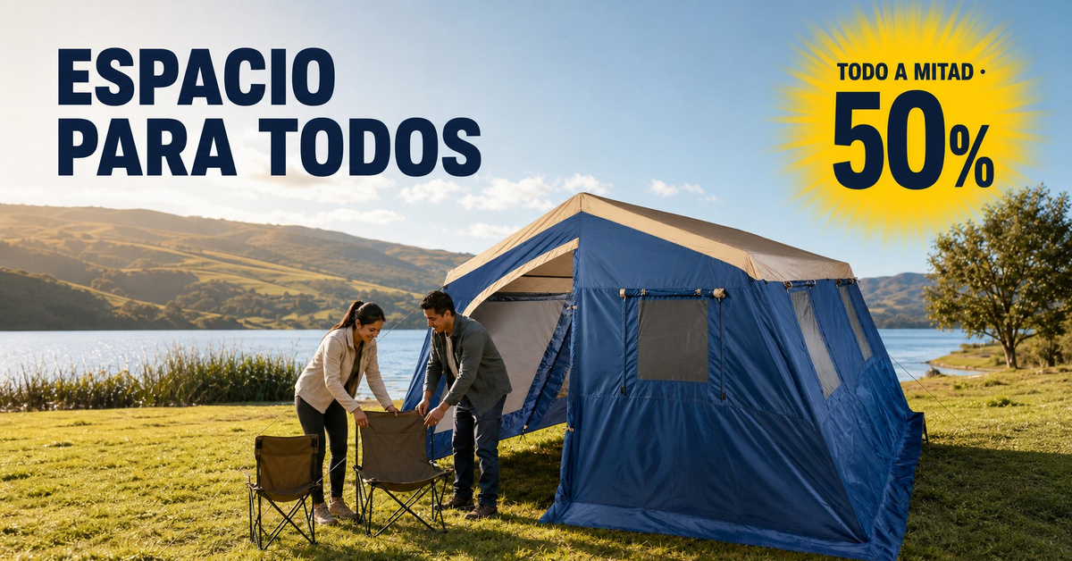 Vista horizontal de la carpa azul en el paisaje