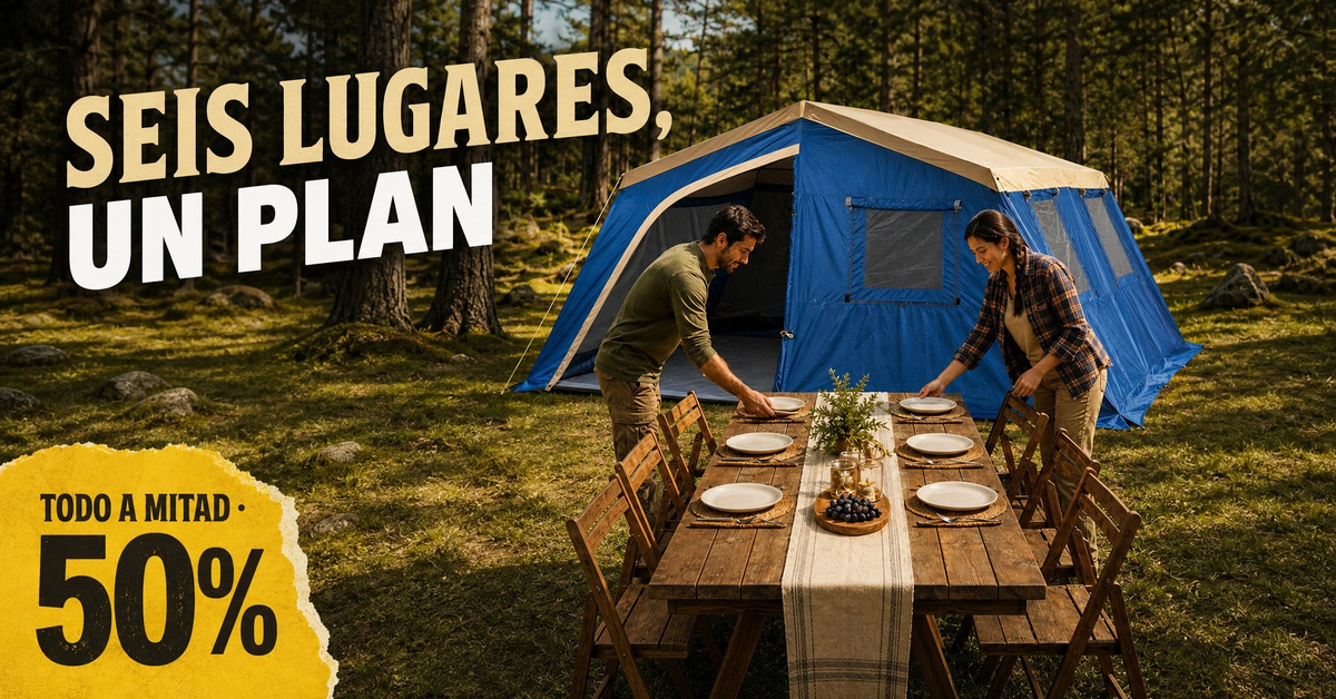 Campamento familiar con una mesa en el bosque